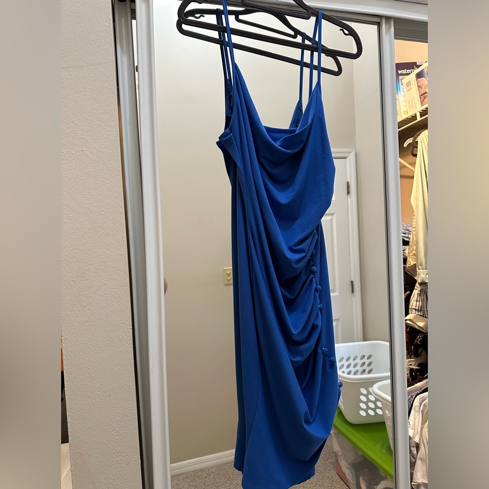Cider Blue Solid Ruched Button Asymmetrical Dress… - image 3